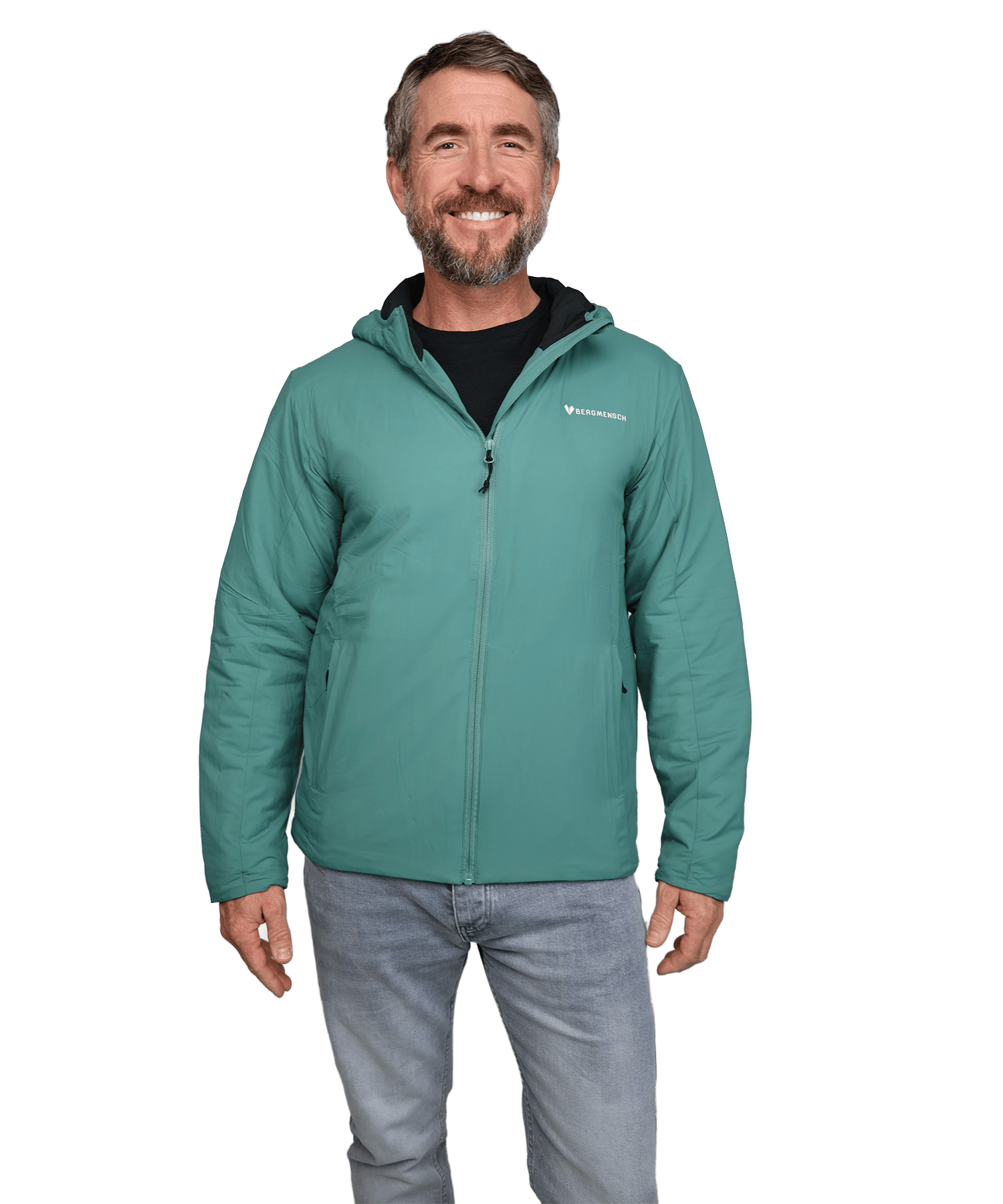 Model trägt die BERGMENSCH Herren Thermolite Jacke in der Farbe Deep Lake