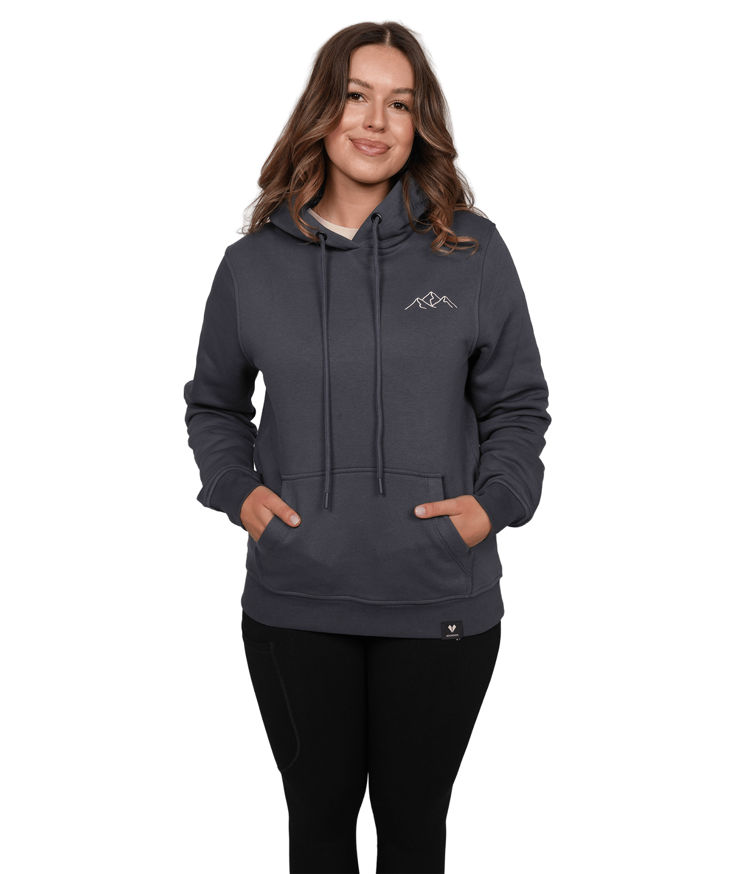 Model trägt den BERGMENSCH Hoodie "Bergsilhouette Stick" in der Farbe India Ink Grey
