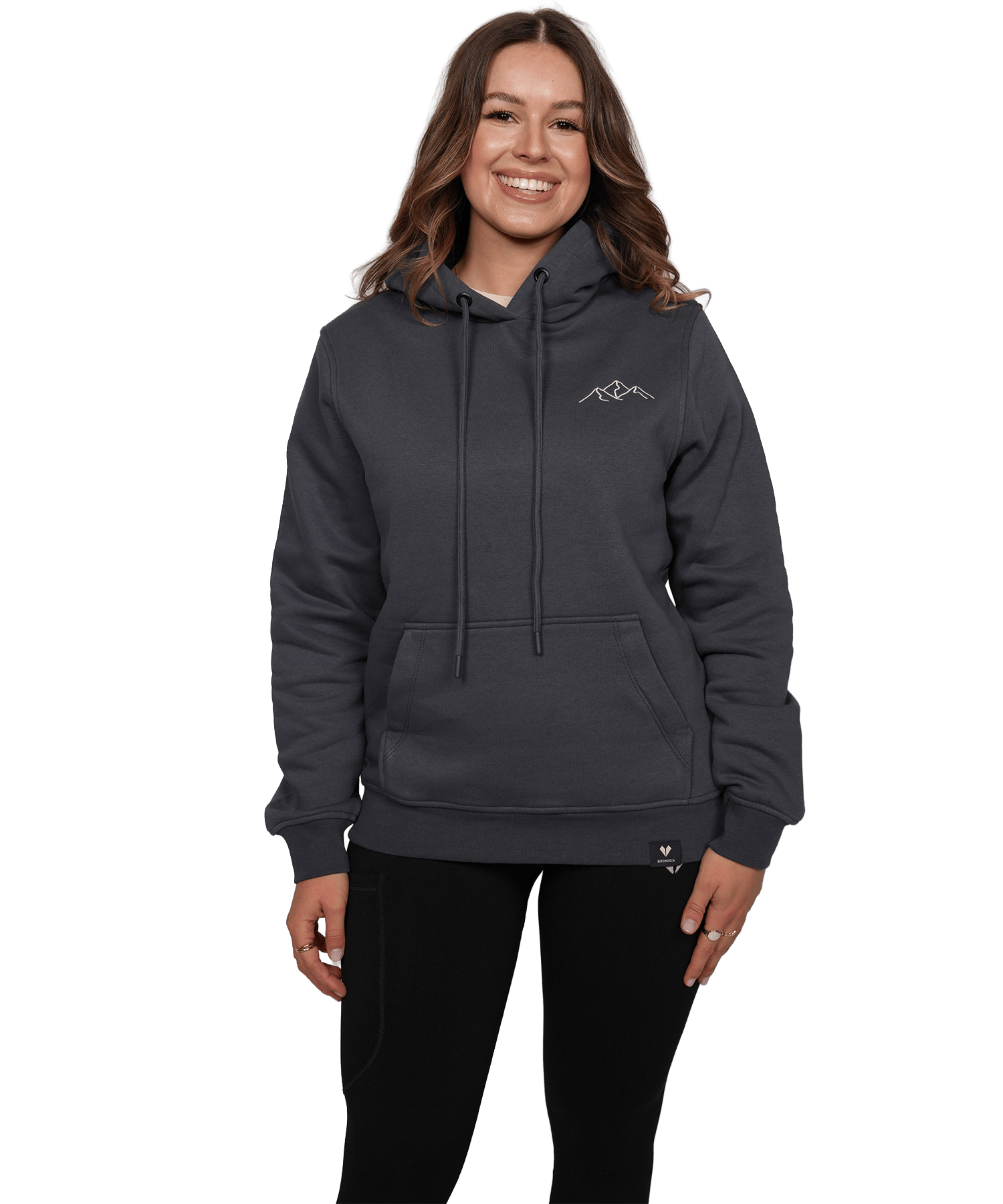 Model trägt den BERGMENSCH Hoodie "Bergsilhouette Stick" in der Farbe India Ink Grey