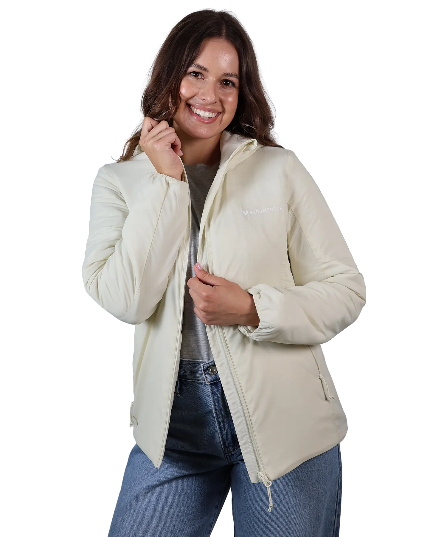 Frontansicht Bergmensch Damen Thermolite Jacke in Whitecap Grey