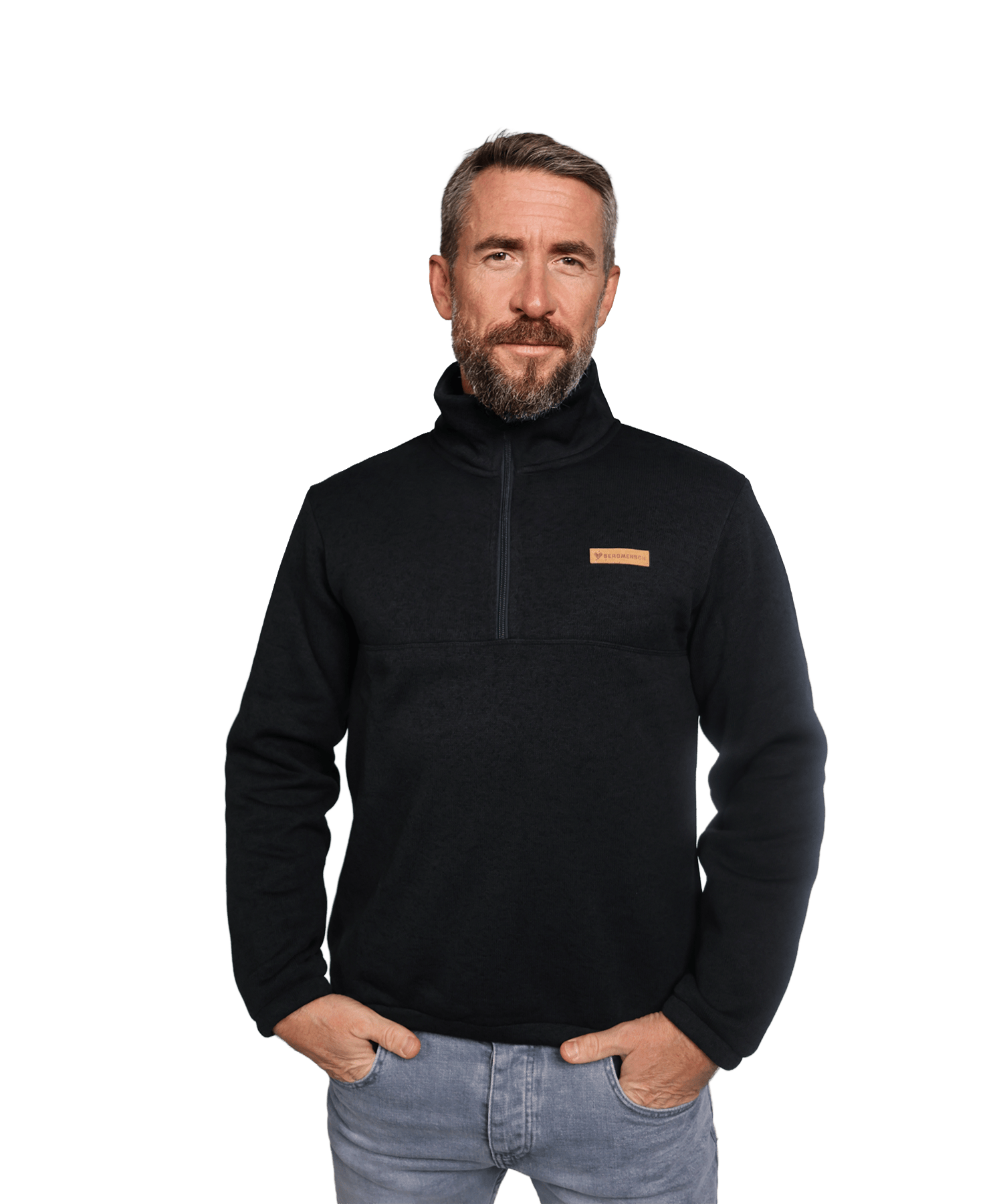 Model trägt den BERGMENSCH Herren Half-zip Strickfleece in Schwarz