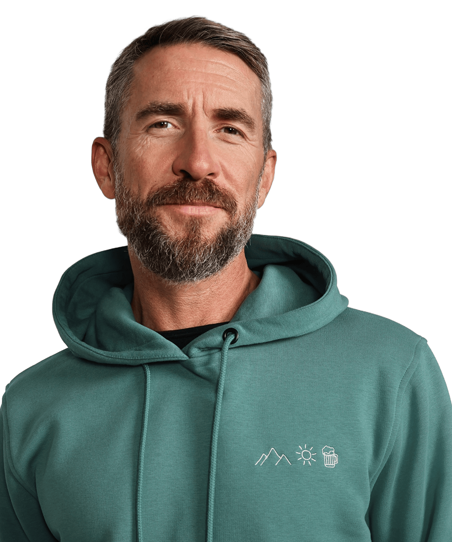 Detailbild vom BERGMENSCH Hoodie "Berg Sonne Bier Stick" in der Farbe Deep Lake