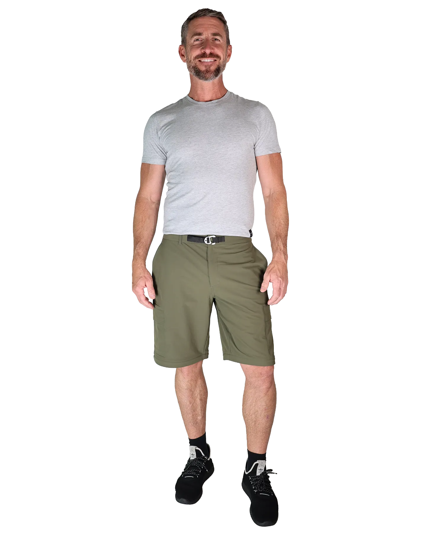 Frontansicht Bergmensch Herren zip off Wanderhose in der Farbe Winter Moss kurz