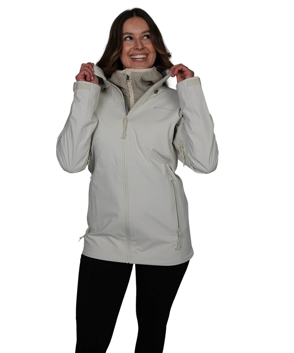 Vorderansicht der BERGMENSCH Damen 3-Lagen Regenjacke in de Farbe Beige
