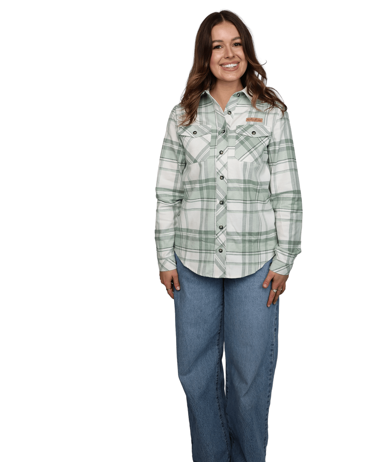 Model trägt das BERGMENSCH Damen Flanell Overshirt in der Farbe Sage