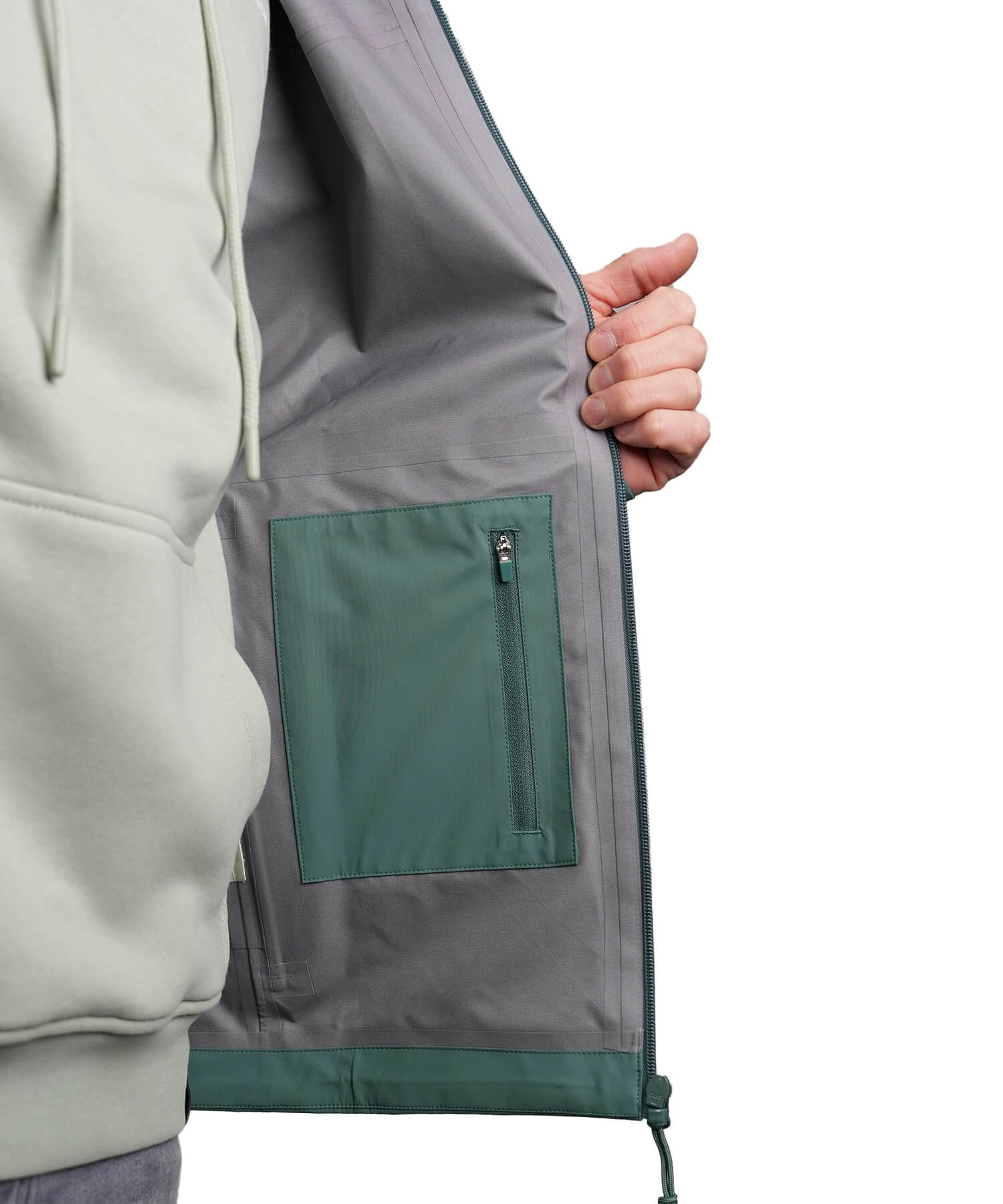 Detailansicht Innenfutter der BERGMENSCH Herren 3-Lagen Regenjacke in der Farbe DeepnLake