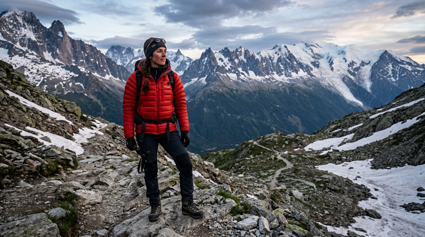 Frau mit Isolationsjacke am Berg (KI)