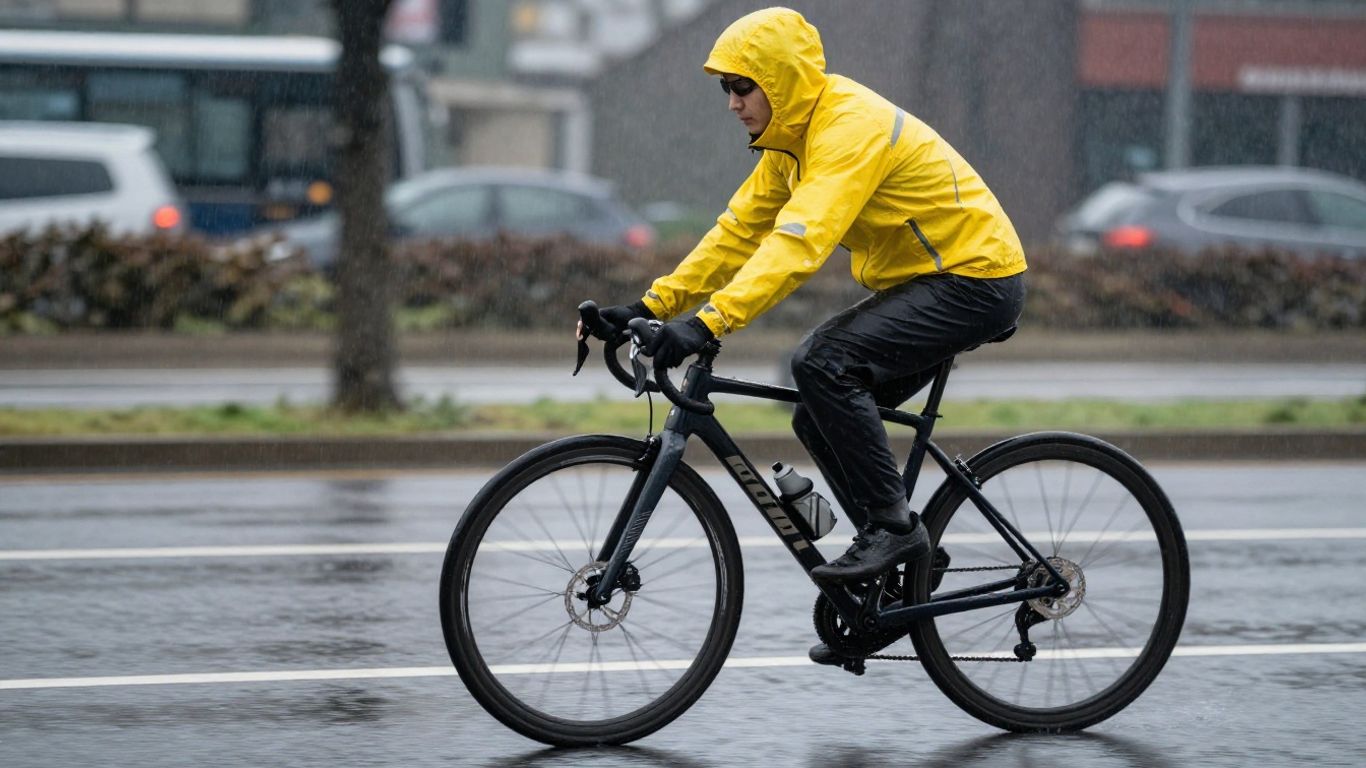 Fahrradfahrer mit gelber Regenjacke im Regen