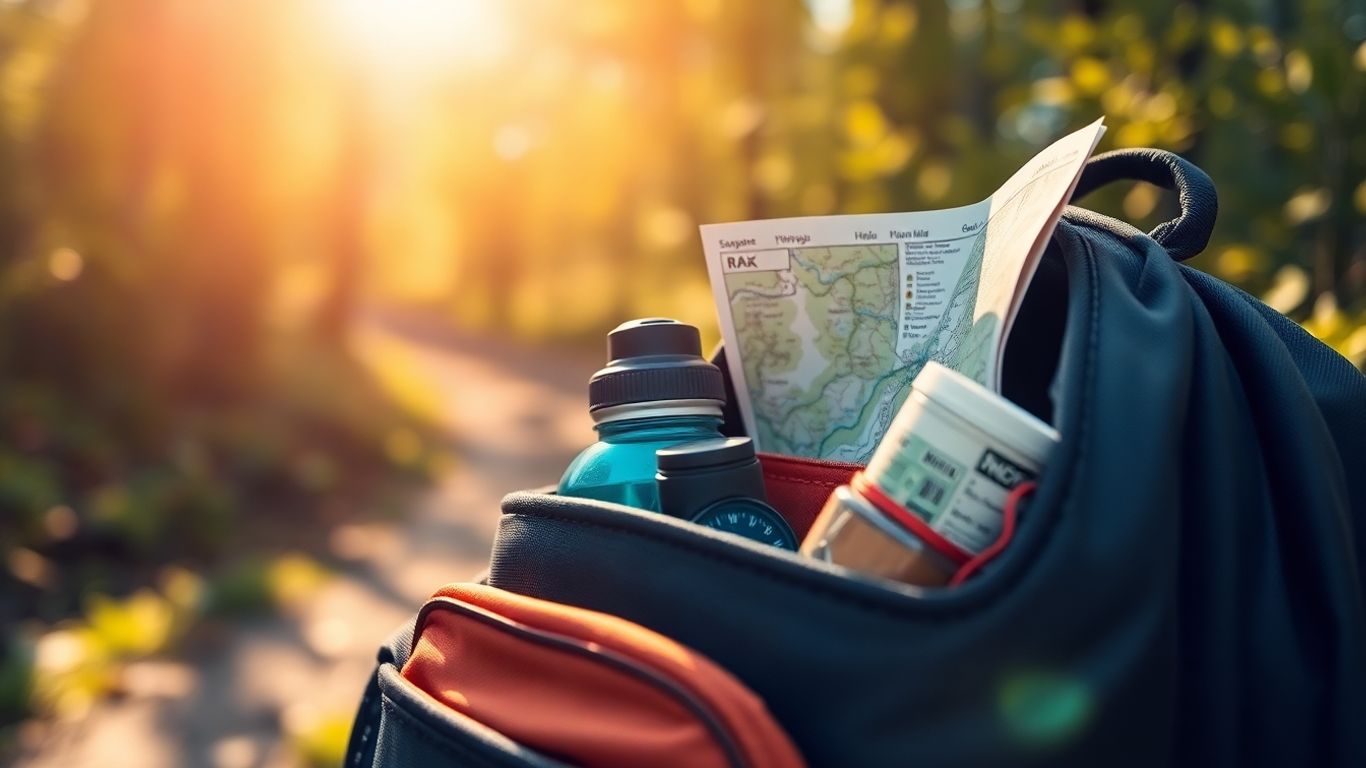 Wanderrucksack mit Ausrüstung auf einem Waldweg