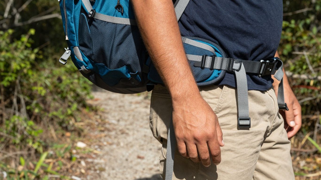 Wanderrucksack auf einer Person im Wald