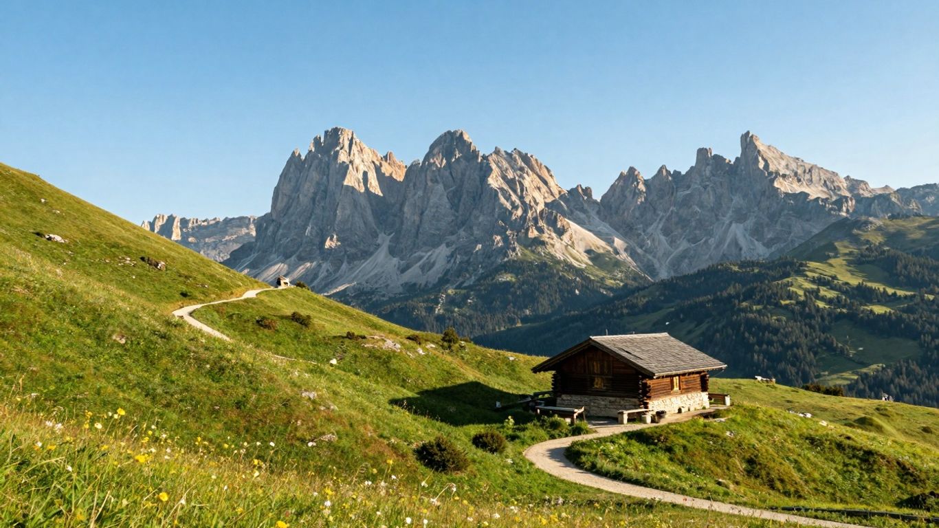 Berglandschaft mit Wanderweg und Hütte