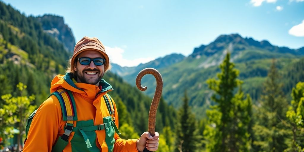 Glücklicher Wanderer mit lustigem Wanderstock in den Bergen.