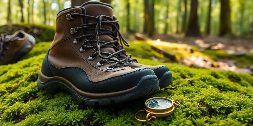 Wanderstiefel und ein Kompass auf Moos.