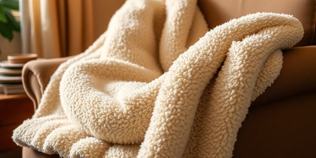 Weiches Sherpa-Fleece über einem bequemen Sessel drapiert.