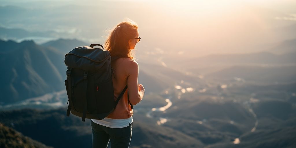Frau mit Rucksack auf Bergspitze.
