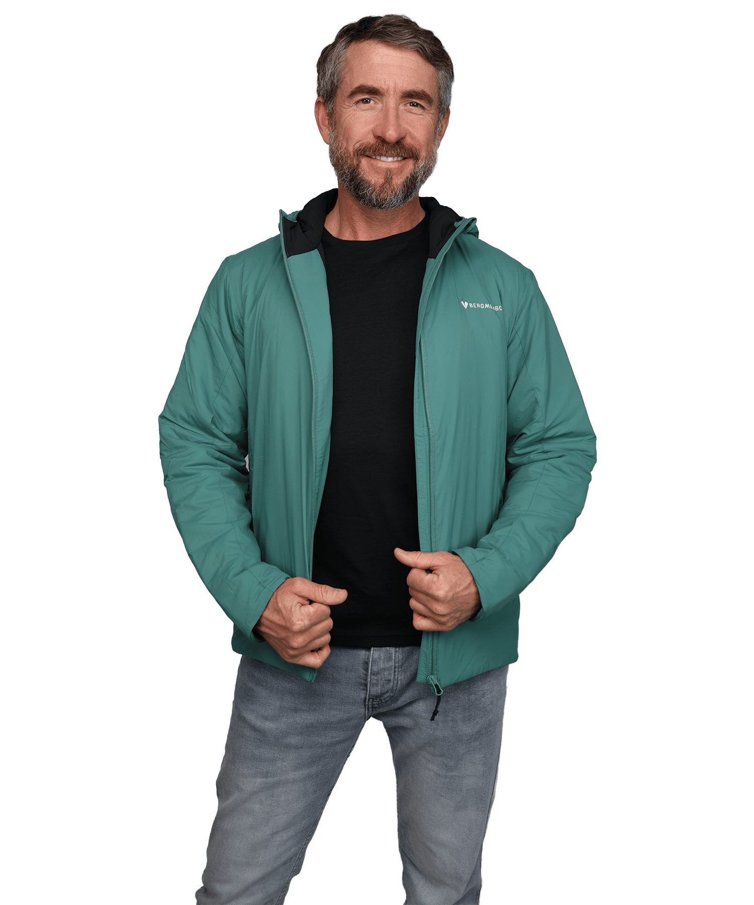 Model trägt die BERGMENSCH Herren Thermolite Jacke in der Farbe Deep Lake