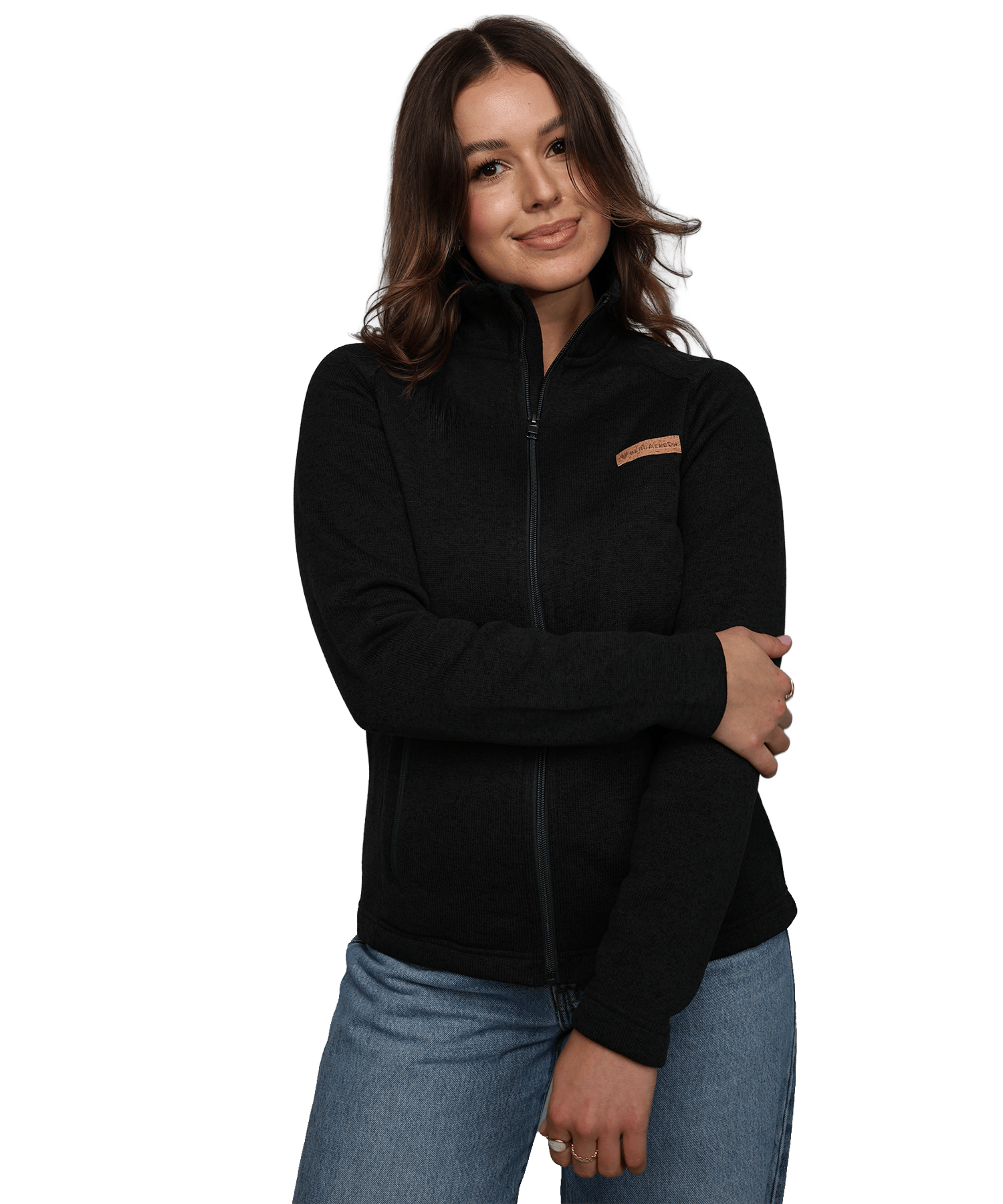 Model trägt die BERGMENSCH Damen Strickfleece Jacke in Schwarz