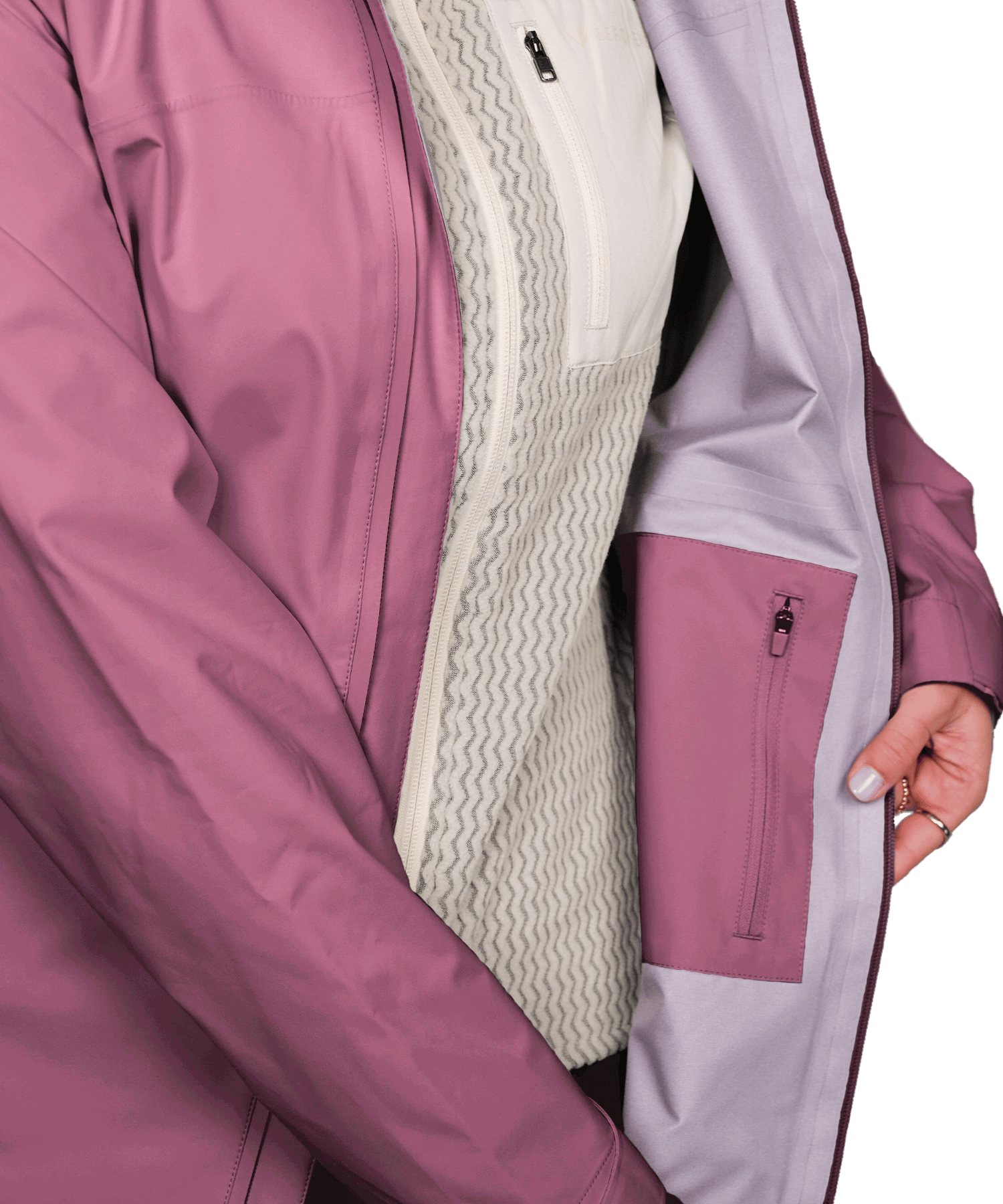 Detailansicht der BERGMENSCH Damen 3-Lagen Regenjacke in der Farbe Hibiskus