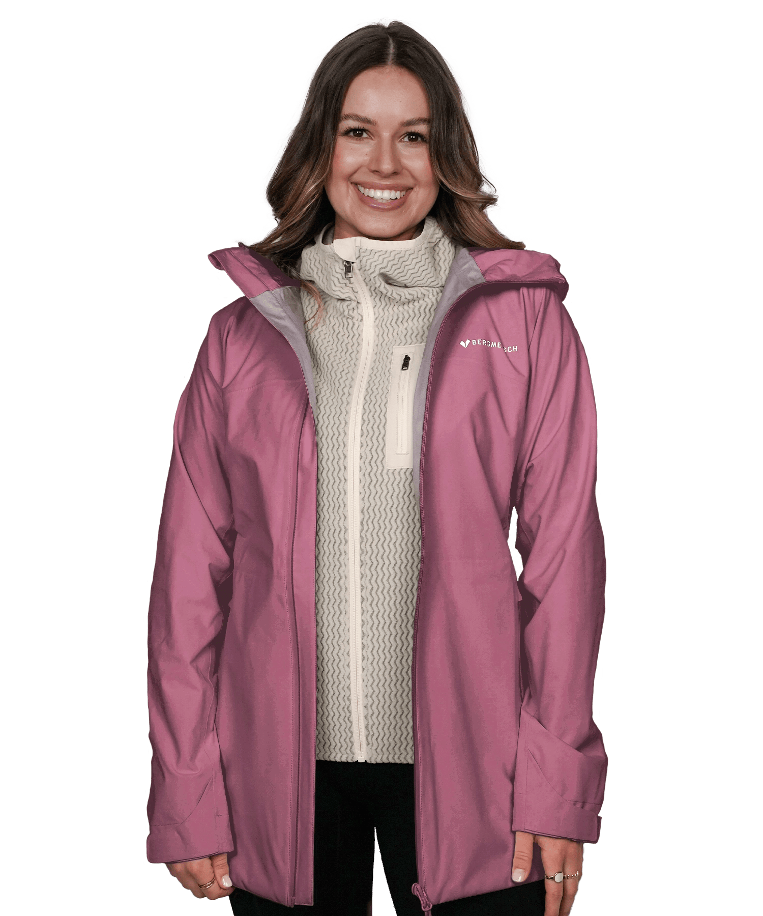 Vorderansicht der BERGMENSCH Damen 3-Lagen Regenjacke in der Farbe Hibiskus