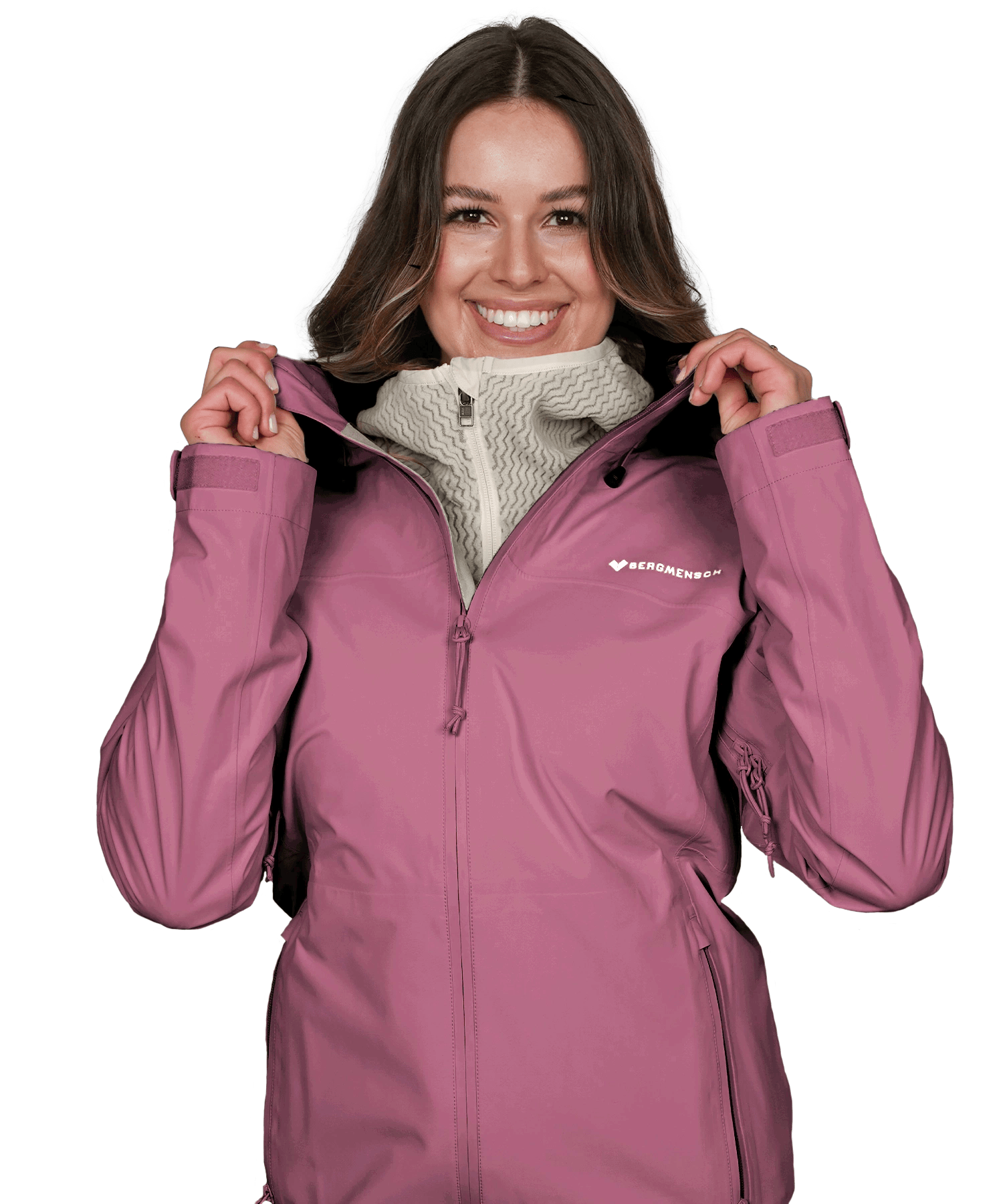 Vorderansicht der BERGMENSCH Damen 3-Lagen Regenjacke in der Farbe Hibiskus