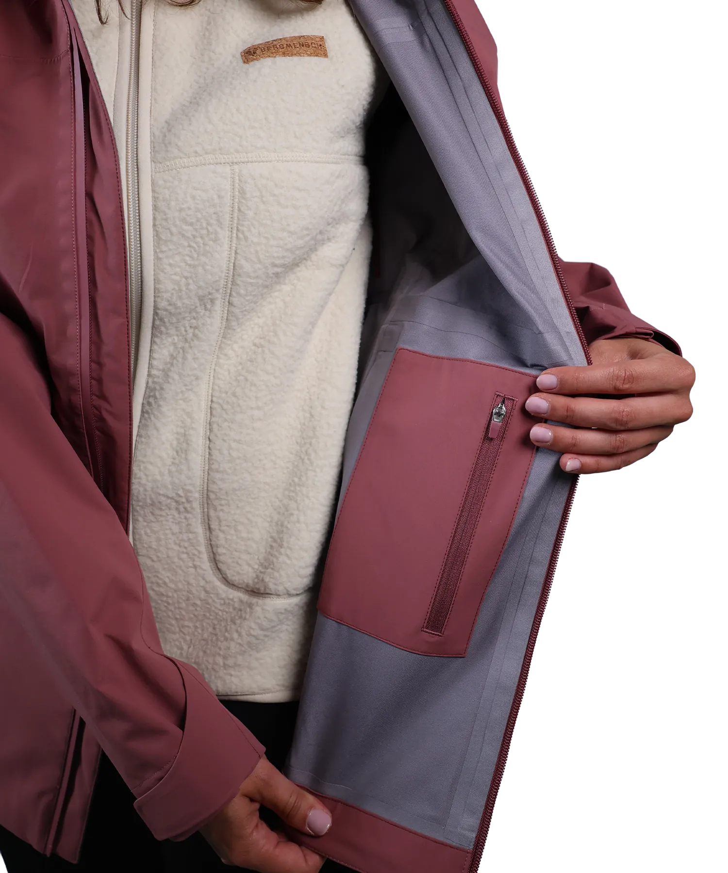 Detailansicht der Bergmensch 3-Lagen Regenjacke Damen in Hibiskus