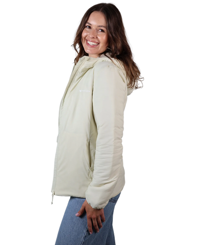 Seitenansicht Bergmensch Damen Thermolite Jacke in Whitecap Grey