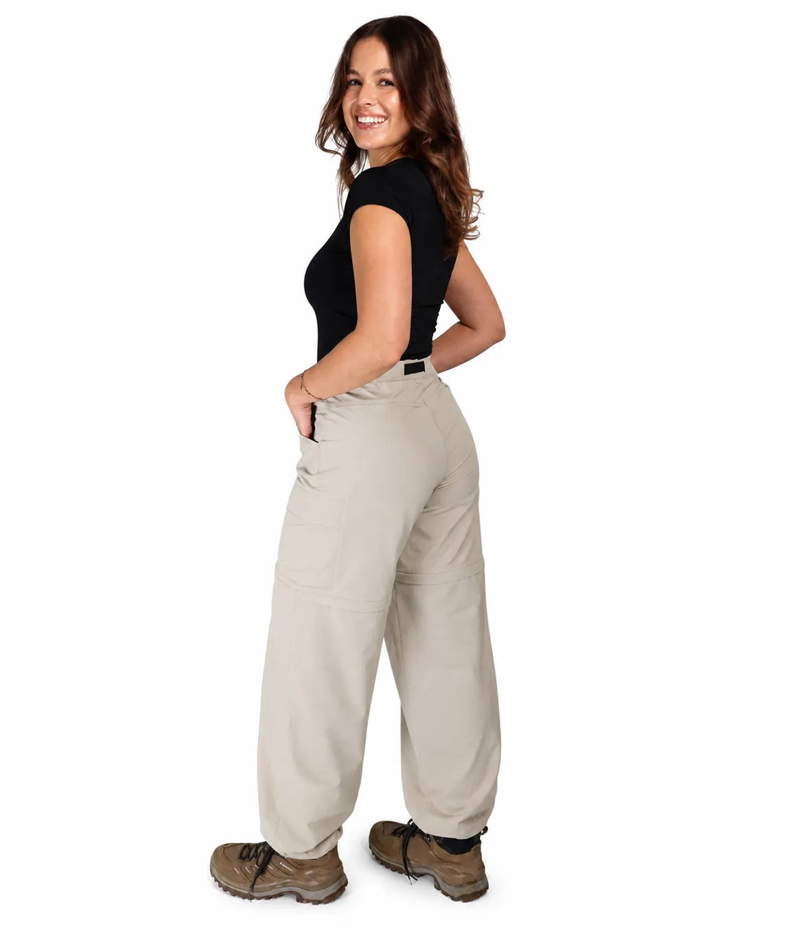 Seitenansicht Zip off Damen Wanderhose in Warm Taupe lang
