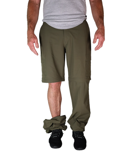 Bergmensch Herren zip off Wanderhose Frontansicht ein Bein unten der Farbe Winter Moss 