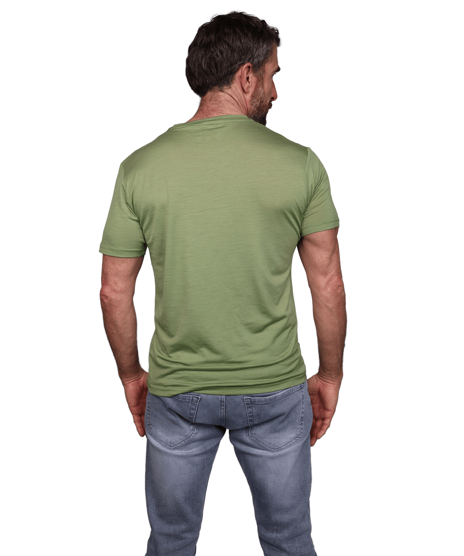 Rückansicht vom BERGMENSCH Herren Essential Merino Shirt in der Farbe Moss Green