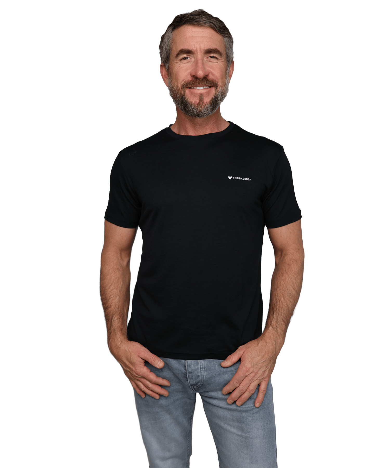 Model trägt das BERGMENSCH Herren Essential Merino Shirt in schwarz